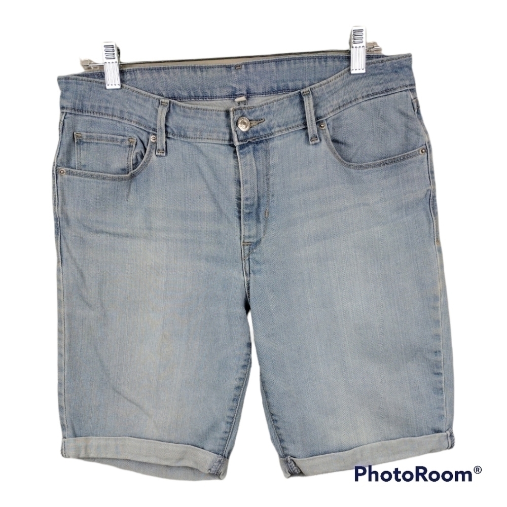 Levi's Five Pocket Blue Light Wash High Rise Cuffed Hem Bermuda Jean Shorts